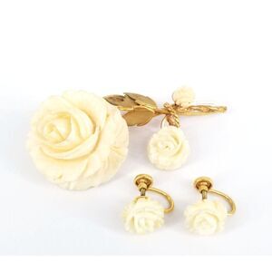 Vintage 1950s 14K Gold Filled Carved White Celluloid Rose Brooch and Earrings